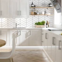 h shape kitchen with herringbone tiles