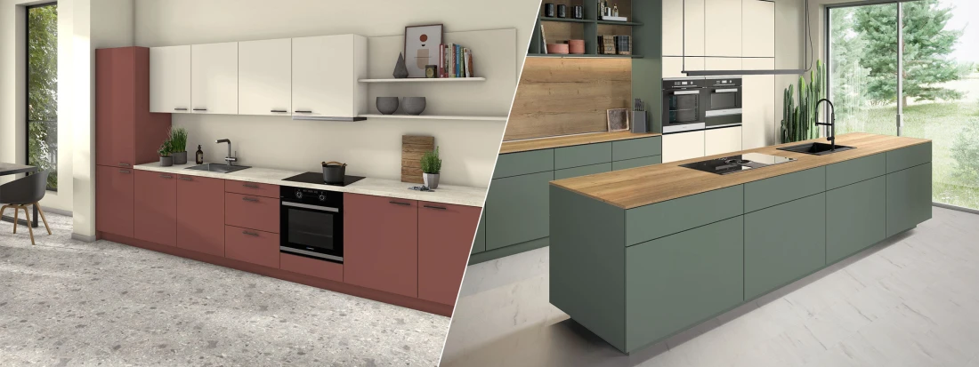 Victoria style kitchen split image showing deep red and rich green cabinet colours in classic shaker design.