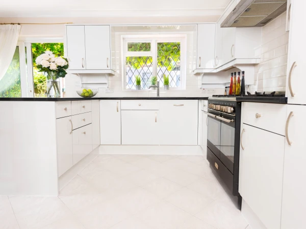 white kitchen with flowers