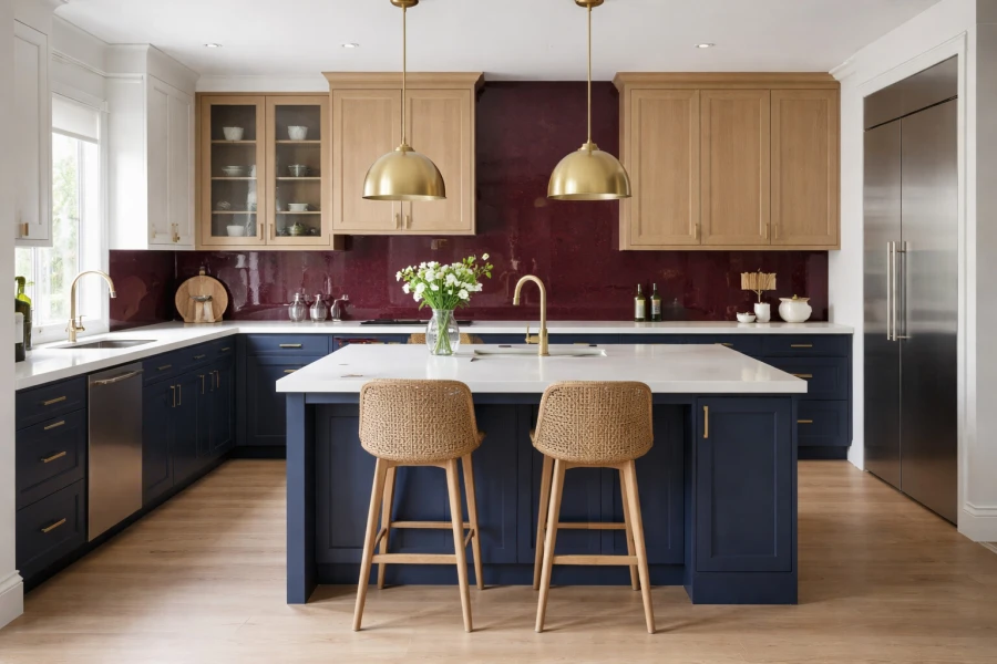Blue kitchen with deep red backsplash.