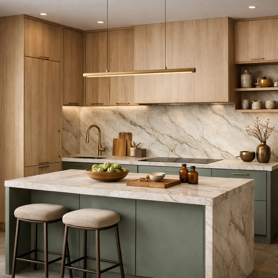 Marble kitchen counters with green cabinets.