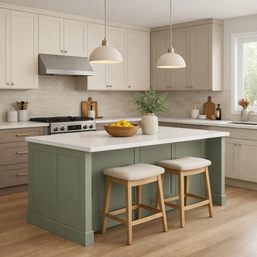 Sage green island in neutral kitchen.