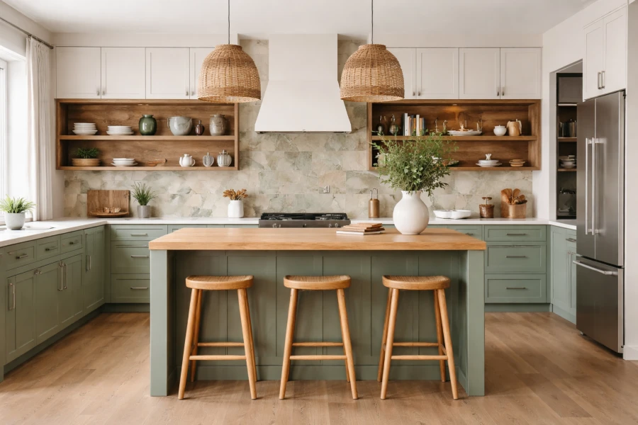 Sage green kitchen with woven pendant lights.