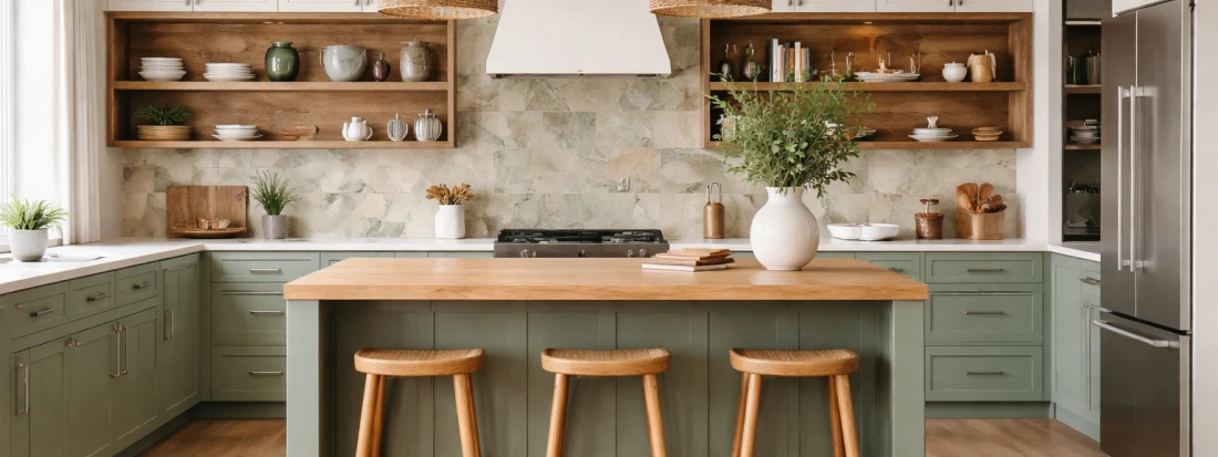Sage green kitchen with woven pendant lights.