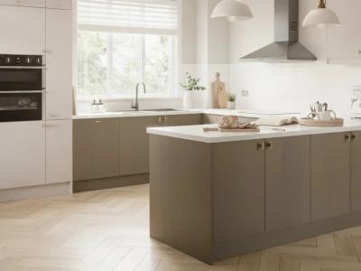 A bright, open-plan kitchen with and grey white cabinets