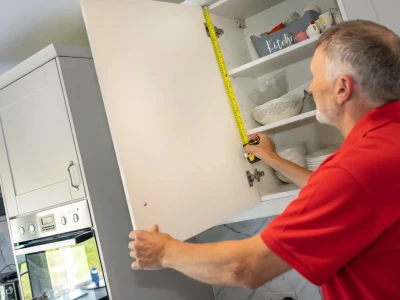 A fitter measuring a cabinet door