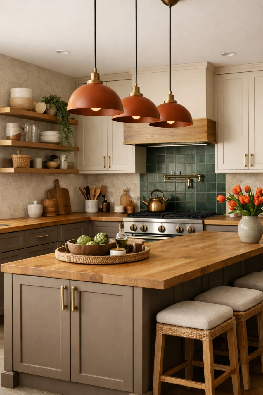 Modern kitchen with terracotta lamps and island.