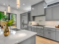 large kitchen with grey kitchen doors