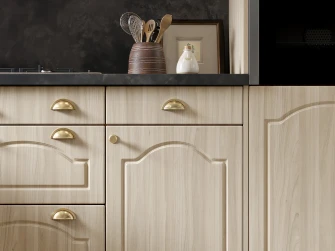 Cathedral Arch Swiss Elm kitchen door close up and rabac laminate worktop