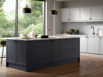 KM Shaker Narrow in Light Grey and Indigo with White Diamond Mirror Worktop